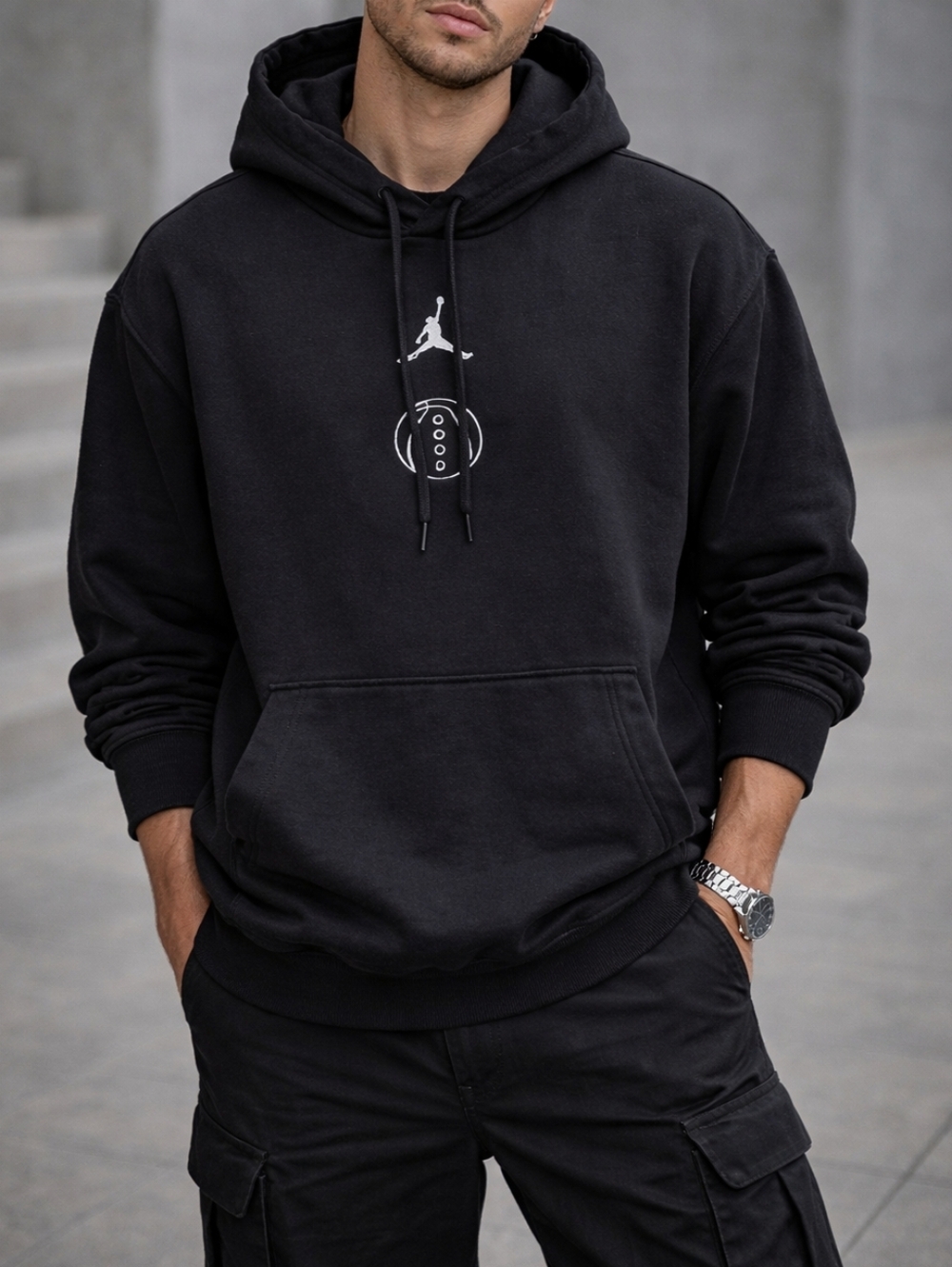 Jordan Black Pullover Hoodie White Logo Cotton Blend Streetwear Athleisure